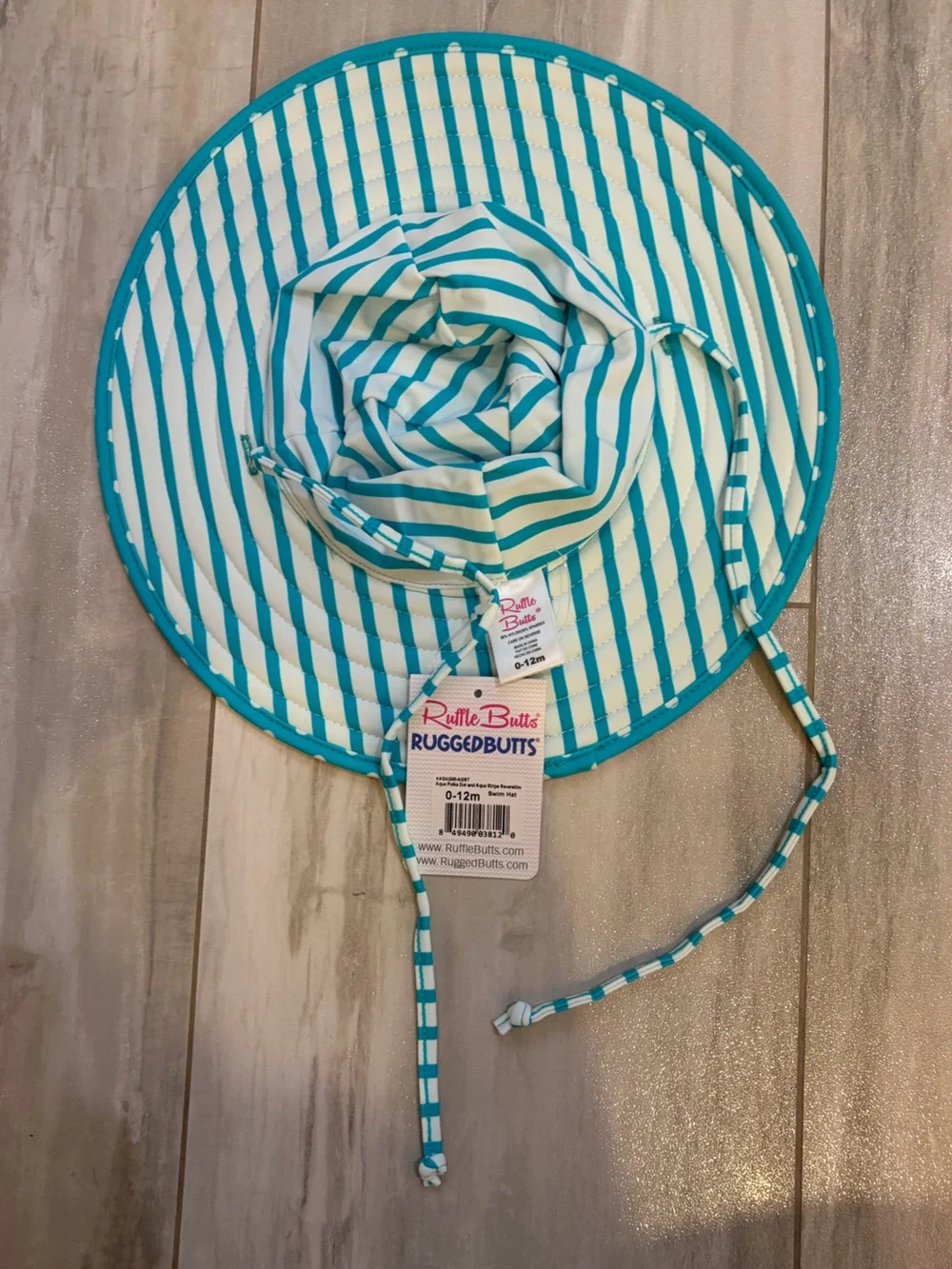 NWT RuffleButts Aqua & White Polka Dot UV Protection Sun & Swim Hat Girls 0-12M